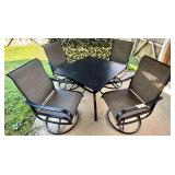 BLACK METAL SLAT-TOP PATIO TABLE W/ UMBRELLA HOLE, 4 MATCHING BROWN MESH SLING-BACK SWIVEL PATIO CHAIRS