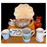 B&M CHINA PLATE, JOHN MADDOCK & SONS MINIATURE PITCHER, SMALL VINTAGE HAND BLOWN AMBERINA ART GLASS VASE, BURSLEM CHINA TEAPOT, 2 OTHER SMALL MUGS/TEACUPS, OTHER GLASS DISH AS-FOUND