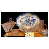 LARGE BLUE AND WHITE TRANSFERWARE CERAMIC OVAL SERVING PLATTER FEATURING TRADITIONAL WINDMILL, SAILBOAT, AND RURAL LANDSCAPE SCENE; 2 LARGE GLASS BOWLS; GLASS WATER PITCHER; GLASS RELISH DISH IN SILVE