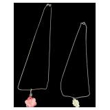 TWO STERLING SILVER 925 NECKLACES, SEMI PRECIOUS STONE CARVED PENDANTS, CARVED PINK FLORAL ROSE MOTIF RESEMBLING A BLOOMING FLOWER.