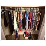 LADIES’ CLOTHING RANGING IN SIZES FROM LARGE TO 2XL; PAIR OF RUBBER BOOTS; SCARVES; BELTS