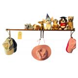 WOODEN AND METALLIC WALL HANGING SHELF (BUYER RESPONSIBLE FOR REMOVAL), ASSORTMENT OF STUFFED ANIMALS, 5 LADIES’ HATS TO INCLUDE PINK SUN HAT