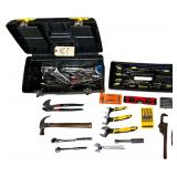 STANLEY 19" TOOLBOX W/ ASSORTED HAND TOOLS TO INCLUDE SCREWDRIVERS, ADJUSTABLE WRENCHES, COMBINATION WRENCHES, PLIERS, CLAW HAMMER, PIPE WRENCH, LEVEL, PRECISION SCREWDRIVERS, CRAFTSMAN RATCHET, SMALL