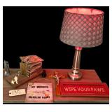 ELECTRIC LAMP W/ RED COLOR BULB - WORKING, SMALL WOODEN CRUCIFIX, NOVELTY OUTHOUSE SCENE, 3 WALL-HANGING SIGNS