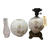 FLORAL GLASS OIL LAMP W/ ORNATE METAL BASE AND BURNER, MATCHING GLASS SHADE, AND CLEAR GLASS CHIMNEY