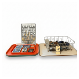 STAINLESS STEEL DRYING RACK, 5 PLASTIC MULTICOLORED SERVING TRAYS, 3 COASTERS, ASSORTED REFRIGERATOR MAGNETS, METALLIC SIGN