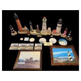 FRAMED OIL LIGHTHOUSE PAINTING; ASSORTED DECORATIVE LIGHTHOUSE MODELS - SOME W/ LIGHTING FEATURES - TO INCLUDE GEO. Z. LEFTON CURRITUCK, OLD POINT COMFORT, CAPE COD LIGHT, AND ASSATEAGUE LIGHTHOUSE; H