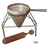 VINTAGE ALUMINUM STRAINER W/ WIRE STAND AND WOODEN PESTLE