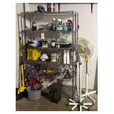 METAL RACK W/ CONTENTS TO INCLUDE: 2 BROOMS, MOP BUCKET, ELECTRIC FAN, WD-40, CLEANER, HAND SANITIZER, ELEMENT GUARD, 2 GASOLINE CANS, HDX SPRAYER, CHICAGO TIN, DRAIN AUGER, ETC.
