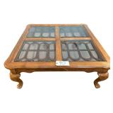 WOODEN COFFEE/CENTER TABLE W/ 4 GLASS INSERTS AND CABRIOLE LEGS - APPROX. 16” TALL X 39” DEEP X 39” WIDE - MATCHES LOT #103