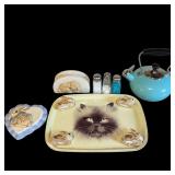 TEA KETTLE, RABBIT THEME NAPKIN RINGS, RABBIT THEME NAPKIN HOLDER, BLUE SALT AND PEPPER SHAKERS, RABBIT HEART-SHAPED WALL DECOR PIECE, METALLIC CAT TRAY