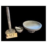 MARBLE MORTAR AND PESTLE, MARBLE TOWEL RACK, MARBLE PEDESTAL SERVING BOWL