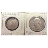 TWO VINTAGE UNITED STATES SILVER COINS, SILVER WASHINGTON QUARTER 1964-D, SILVER ROOSEVELT DIME 1964-D.