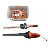 BLACK & DECKER 24" ELECTRIC HEDGE TRIMMERS, BLACK & DECKER ELECTRIC BLOWER, ASSORTMENT OF EXTENSION CORDS
