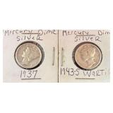 TWO UNITED STATES MERCURY SILVER DIMES, 1937, 1943-S WARTIME DIME.
