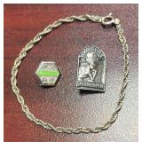STERLING SILVER BRACELET, DOUGLAS MERIT AWARD PIN, MATTESON PIN, 7 GRAMS TOTAL WEIGHT