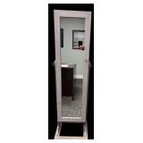 WOODEN FREE-STANDING JEWELRY CABINET, W/ COSTUME JEWELRY TO INCLUDE NECKLACES BRACELETS, EARRINGS, ETC… WITH KEY