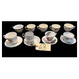 9 TEACUPS & 4 SAUCERS TO INCLUDE HOSTESS JAPAN, 2 MARKED USA, HALL DINNERWARE, MAYFAIR BONE CHINA, SOUVENIR OF MEXICO, EPOCH INDONESIA, ETC.