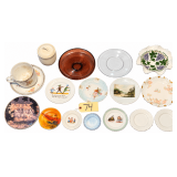 ASSORTED DECORATOR PLATES: 2 MADE IN JAPAN, 1 LIMOGES FRANCE, 1 MADE IN GERMANY, 1 PEARL-GRANITE, 1 HANDMADE, 1 CLEAR GLASS; AMETHYST COLOR SERVING BOWL; CORNING WARE SUGAR DISH W/ LID; RUFFLED EDGE B