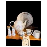 ALTROHLAU CHINA PLATE, CORNING WARE TEAPOT, OTHER SMALL TEAPOT, HAND PAINTED IN GERMANY ESPRESSO MUG, PAIR OF MILK GLASS SALT AND PEPPER SHAKERS, CAT THEME CREAM AND SUGAR SET