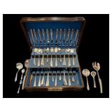 TUDOR PLATE ONEIDA COMMUNITY FORKS, KNIVES, AND SPOONS; OTHER ASSORTED SERVING PIECES TO INCLUDE WILLIAM ROGERS AND OTHERS IN NICE WOODEN BOX