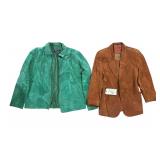 GREEN HENIG FURS SUEDE JACKET, SIZE 2XL; BROWN LIZWEAR SUEDE BLAZER, MADE IN KOREA