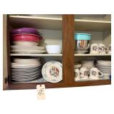 CORELLE WARE PLATES; TABLETOPS UNLIMITED BRAND PLATES, MUGS, AND SAUCERS; CROWN POTTERIES CO. USA SERVING PLATTER; BAKING PAN; 3 NESTING STAINLESS STEEL MIXING BOWLS; PLASTIC STRAINER; ETC.