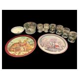 CHRISTMAS LOT: STONEWARE BOWL, SERVING BOWL, 2 GOLD TRIM CLEAR HOLLY PATTERN GLASS GOBLETS, 4 CLEAR HOLLY PATTERN DRINKING GLASSES, 2 TIN PLATTERS