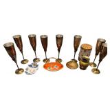 SMALL FLORAL MADE IN JAPAN BASKET W/ BAMBOO HANDLE, SMALL MADE IN INDIA BOWL, SMALL MADE IN INDIA BUD VASE, 8 PIECES OF BRASS STEMWARE, SMALL FLORAL CHINA DISH