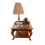 WOODEN COFFEE/CENTER TABLE W/ GLASS INSERT AND CABRIOLE LEGS - APPROX. 21” TALL X 27” DEEP X 28” WIDE - MATCHES LOT #90; ELECTRIC LAMP; GLASS GLOBE CENTERPIECE
