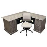 L-SHAPED GRAY WOODGRAIN OFFICE DESK W/ 5 DRAWERS, MESH-BACK ROLLING OFFICE CHAIR; ASSORTED STATIONERY/DESK SUPPLIES TO INCLUDE 2 PORTFOLIOS, CLIPBOARD, HOLE PUNCH, TAPE DISPENSER, STAINLESS STEEL CALL