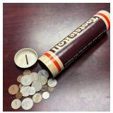 LOT OF VINTAGE FOREIGN COINS IN A VINTAGE TOOTSIE ROLL BANK, APPROX. 25 COINS IN ALL
