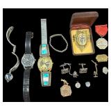 VINTAGE JEWELRY LOT, MOSTLY MEN’S, TWO TIMEX WATCHES AS-IS, HORSE TIE TACK WITH MATCHING CUFF LINKS, VINTAGE AWARD PINS, ETC…
