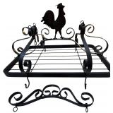 WROUGHT IRON HANGING POT RACK W/ ROOSTER DECORATION, CHAINS, HOOKS, AND DECORATIVE WALL BRACKET - 1 FOOT BROKEN