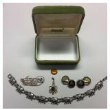 VINTAGE JEWELRY LOT; PAIR OF MASONIC CUFF LINKS, “JEAN” PIN, AMBER STONE, PENDANT W PURPLE AMETHYST STONE, SILVER COLOR ELEPHANT BRACELET.