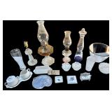 2 GLASS OIL LAMPS, GLASS LAMP BASE, ASSORTED GLASSWARE, PRESSED GLASS COVERED BUTTER DISH, 2 HEAVY CLEAR GLASS CANDLE HOLDERS, TEA SET (CHIPPED),  FLORAL PORCELAIN TRINKET DISH MADE IN JAPAN, NAPPY MA