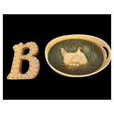 HEN ON NEST MOTIF WOODEN TRAY, BURLAP “B”