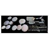 ONEIDACRAFT DELUXE FLATWARE: 13 KNIVES, 9 TEASPOONS, 4 TABLESPOONS, 8 FORKS; CHEESE GRATER; CRUET; LADLE; 2 PYREX BAKING DISHES; APPROX. 36 PIECES OF CORRELLE WARE: SUPPER PLATES, DESSERT PLATES; OTHE