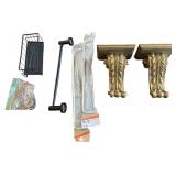 2 WOODEN CORBELS, 2 KENNEY ADJUSTABLE CURTAIN RODS, TOWEL RACK, SMALL WIRE CONTAINER