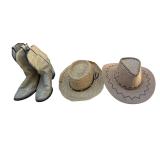 LAREDO SIZE 11-1/2D BOOTS W/ LEATHER VAMP AND FOXING, WESTERN STYLE HAT, WOVEN GENUINE RAFFIA HAT
