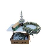 HOLIDAY LIVING 5’ TINSEL CRESCENT PINE PRE-LIT CHRISTMAS TREE, OTHER PRE-LIT CHRISTMAS TREE, PRE-LIT CHRISTMAS WREATH, LIGHTED CHRISTMAS TOPIARY, EDGE 27-GALLON TOUGH TOTE W/ SMALL ASSORTMENT OF CHR