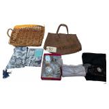 LADIES’ CLUTCH, PAIR OF SIZE 8-1/2 SILVER SLIPPERS W/ MATCHING CLUTCH, 2X TRADE WINDS BY WAVERLY RUSTIC RETREAT VALENCE, WOVEN BASKET, FAUX LEATHER PURSE, SMALL STORAGE BOX