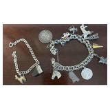 TWO STERLING SILVER CHARM BRACELETS, SOME CHARMS MARKED STERLING, SOME NOT,  TOTAL APPROX WEIGHT IS 48.67 GRAMS, 1.56 TROY OZ.