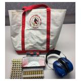10 ROUNDS OF 243 WIN AMMO, APPROX. 44 EMPTY .38 SPECIAL BRASS SHELL CASINGS READY FOR RELOADING, PELTOR BULL’S EYE 9 EAR PROTECTION.