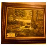 FRAMED OIL ON CANVAS STREAM SCENE BY J. BYRD - APPROX. 26” X 32” OVERALL