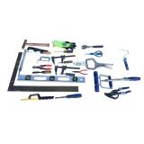 ASSORTED HAND TOOLS TO INCLUDE: HAMMER, ADJUSTABLE WRENCH, CRAFTSMAN DIAGONAL CUTTING PLIERS, LOCKING C-CLAMP, 2 BAR CLAMPS, C-CLAMP, LEVEL, FRAMING SQUARE, METAL FILES, HACKSAW, CHISEL, SCREWDRIVERS,
