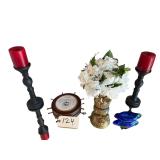 MEMPHIS TN BAROMETER (AS-IS, MISSING GLASS), 2 CANDLEHOLDERS, ARTIFICIAL FLORAL ARRANGEMENT, COBALT BLUE GLASS CANOE DISH