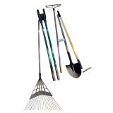 LEAF RAKE, BLUE HAWK SHOVEL, FIBERGLASS HANDLE POST HOLE DIGGER, FIBERGLASS HANDLE HOE, SPADE SHOVEL