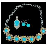 STATEMENT NECKLACE WITH TURQUOISE STONES ACCENTED BY AMBER STONES, PAIR TURQUOISE EARRINGS, PENDANT WITH TURQUOISE STONE.