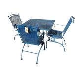 PAINTED BLUE WROUGHT IRON PATIO TABLE W/ 4 MATCHING ROCKERS